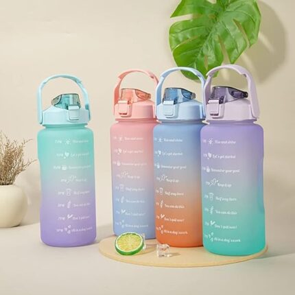 Sports Colorful Water Bottle, Gradient Color Portable Large Capacity Leak Proof Plastic Water Bottles With Straw And Time Marker For Women, Girls, Boys, Mens, Home, Office, School, Gym And Travel Use 2 Liter